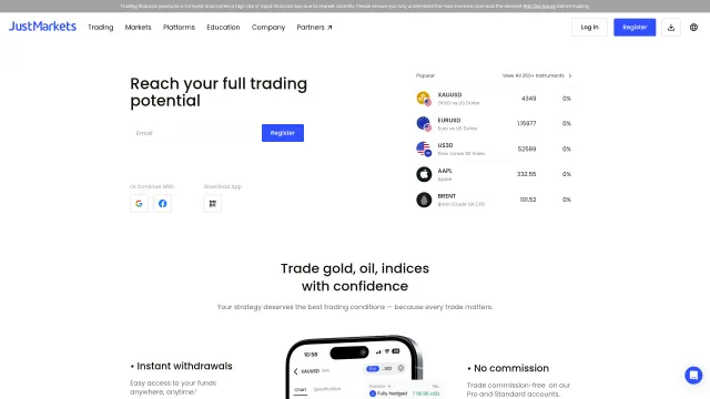Captured rendering of justmarkets.com