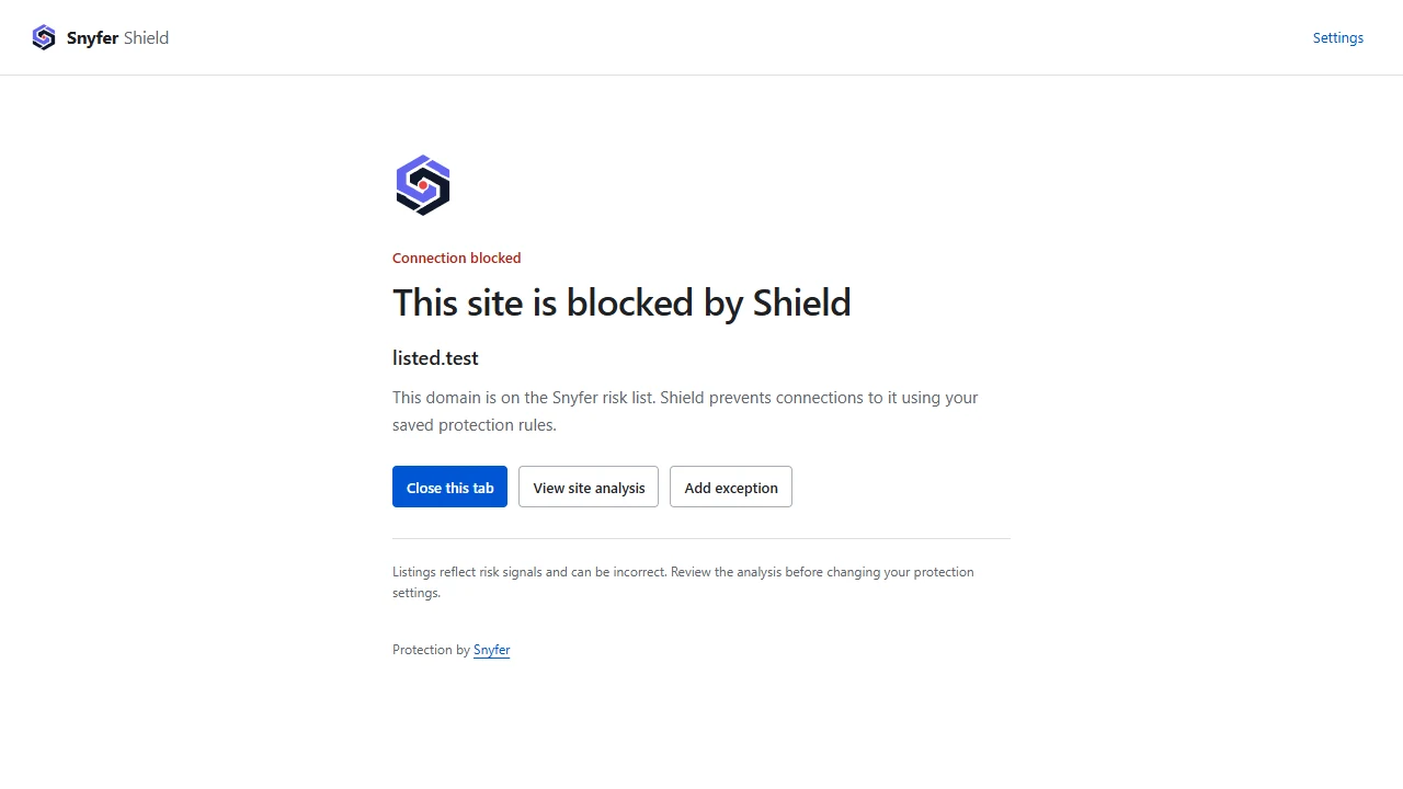Snyfer Shield page explaining that a listed site was blocked