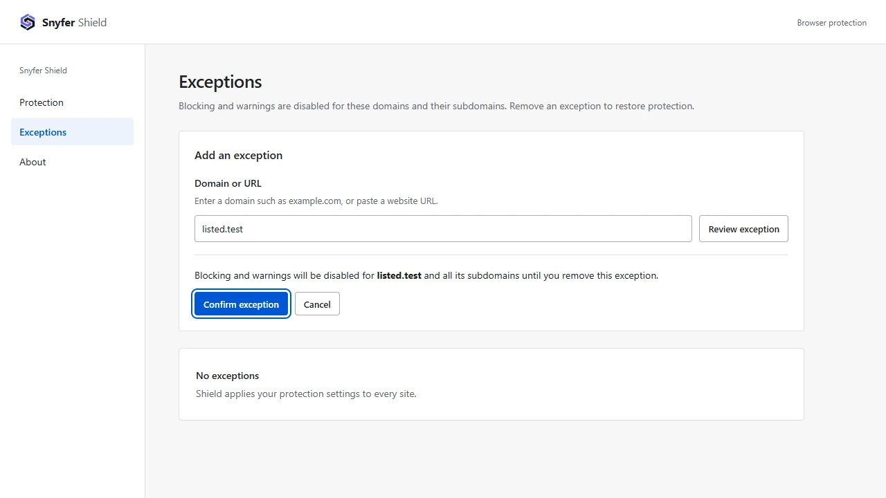 Shield exception form asking the user to confirm an exception for a domain
