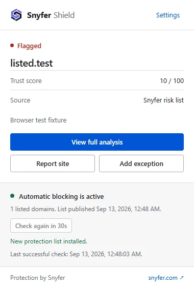 Shield popup showing a listed domain, its trust score and protection status