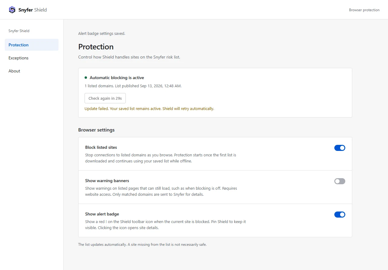 Shield settings page showing active blocking and browser controls